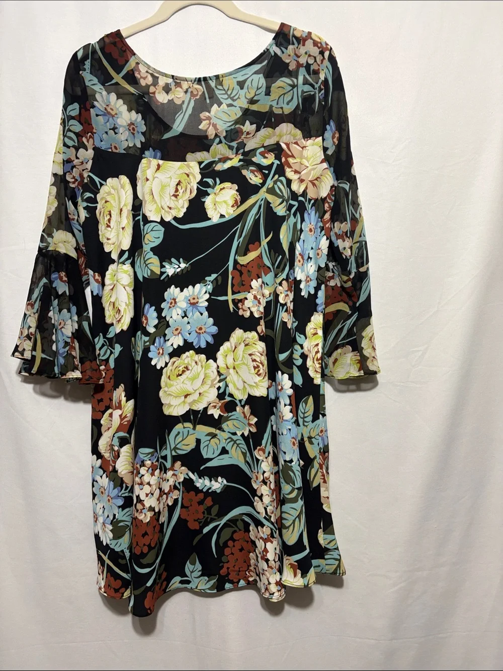 Paper Crown Black Floral Midi lined Dress with Bell Sleeves